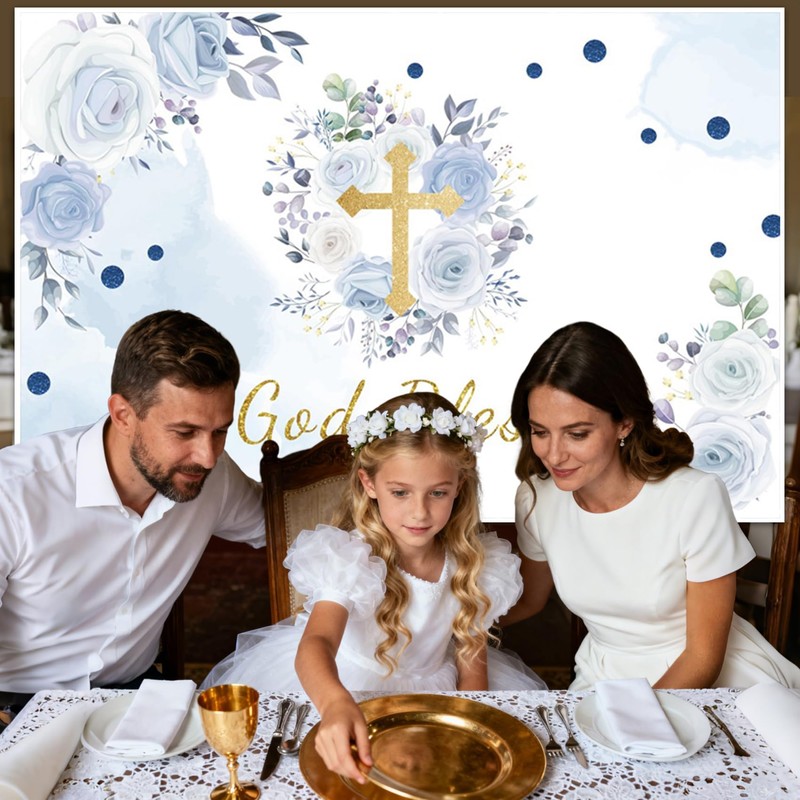 7x5ft God Bless Backdrop Blue Flowers Gold Cross Photography Background