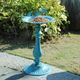 22" H Bird Baths for Oudoors, Antique Pedestal Bird Bath with Bird Statues Metal Birdbaths Bird Feeder Bowl Tray Garden Yard Decoration, Blue
