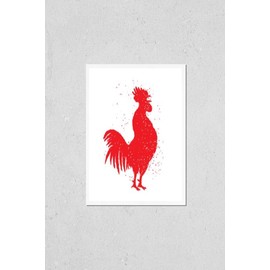 Poster Reproduction of Rooster label. Vintage style illustration. Rooster silhouette Chinese calligraphy imitation. Ink brush painting, Inksticks or India ink hair texture on Variation Number 5