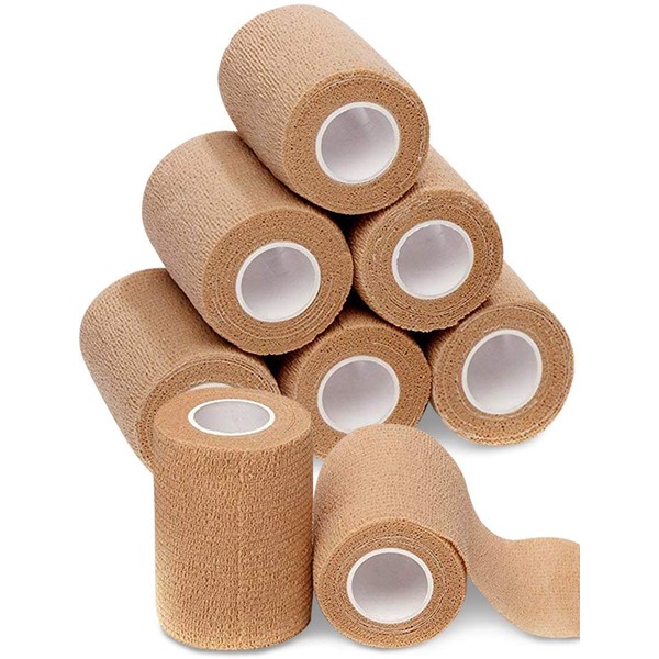 4-Inch Wide Self Adherent Cohesive Wrap Bandages (8 Pack Bundle), 5 Yards Self Adhesive Non Woven Bandage tape Rolls, Brown Athletic Tape for Wrist, Ankle, Hand, Leg, Medical Stretch Wrap