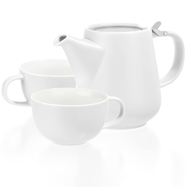 Tealyra - T42 Tea for Two Set - White Porcelain Teapot 27 fl.oz - Two Cups 8.5 fl. oz - Stainless Steel Lid - Removable Infuser for Loose Leaf Tea