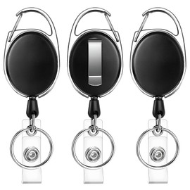 JEFURE OWLKELA 3pcs Retractable Badge Reel, Badge Holder, Extendable Id Card Holder, Lanyard Clip, Extendable Keyring With Clip, Heavy Duty Keychain, Fob Holder (Black)