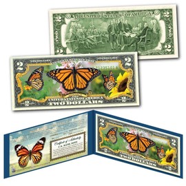 Monarch Butterfly Lucky Uncirculated Two Dollar Bill Special Edition Collectible Display Holder and Certificate