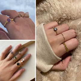 SIROLISA 9 PCS Healing Crystal Ring, Adjustable Gold Wire Wrapped Rings Irregular Gemstone Rings Set for Women Girls