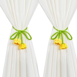 WAYUTO Crochet Curtain Tiebacks Yellow Flower 2 Pack Vintage Floral Tie Backs for Curtains Drapes Window Fancy Cute Creative Curtain Buckle Strap for Home Office Bedroom Decorative