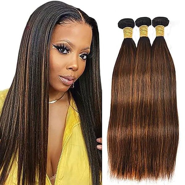 Hxxcoup Weft Real Hair Human Hair Extensions Brown Extensions Wefts Hair Extension Straight Bundles Real Hair 100% Brazilian Virgin Remy Hair No Smell Hair 20 22 24 Inches