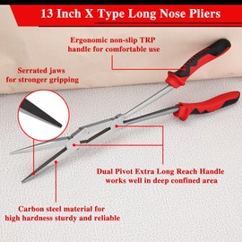 LEONTOOL 13" Extra Long Needle Nose Pliers, Straight Dual Material Long Reach Pliers with Serrated Jaw, Double-Joint Long Nose Pliers Extended Reach Needle Nose Pliers for Hard to Reach Narrow Spaces