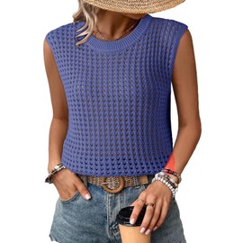 Dokotoo Beach Bathing Suit Cover Ups for Women 2025 Summer Fashion Scoop Neck Sleeveless Hollow Out Knit Crochet Summer Sweaters Tank Tops Solid Casual Resort Wear Swimsuit Coverup Medium Dark Blue