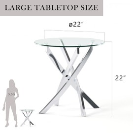 24/7 Shop at Home Hermione Modern Furniture Circle Side Table Living, Round Glass Desk, Criss Cross Legs Support, for Dining Room, Office, Bedroom, Parlor, 22"D x 22"W x 22"H, Chrome