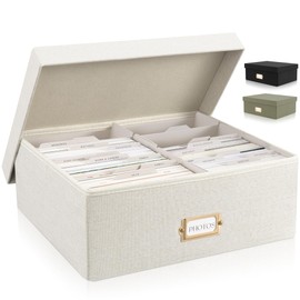 ZICOTO Decorative Photo Storage Box - Sturdy Linen Photo Organizer with Dividers is Perfect to Store Up to 1700 Pictures and 4x6 Photos - Portable Scrapbook Storage Containers with Lid