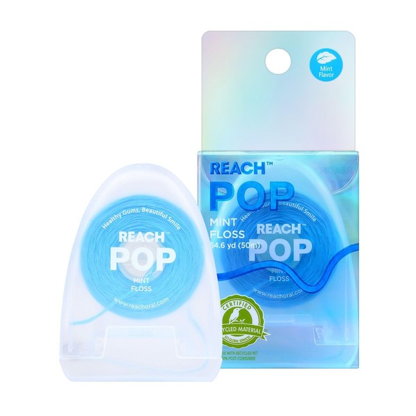 REACH POP Dental Floss | Vegan Wax Coated & PFAS-Free| Durable & Shred Resistant | Slides Smoothly & Easily |Effective Plaque Removal | Blue Color Floss |Mint | 54.6 Yards