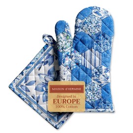 Maison d' Hermine Oven Gloves + Pot Holder 100% Cotton, Heat Resistant Easter Oven Glove (19 cm x 33 cm) & Pot Holder (20 cm x 20 cm) for Cooking, Grilling, Baking, Summer Blues - Spring/Summer
