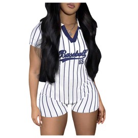 WDIRARA Women's Letter Striped Collar V Neck Romper Short Sleeve Unitard Shorts Jumpsuit Streetwear White Large