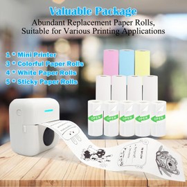 Vicbear Mini Portable Printer, Inkless Sticker Printer with 12 Rolls Paper, Thermal for Notes/Photos/Stickers/Labels/Receipts, Compatible with iPhone, Android Phone & Tablet, White