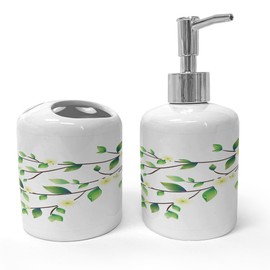 Ambesonne Dragonfly Soap Dispenser & Toothbrush Holder Set, Leaves with Little Dragonflies and Jasmine Environmental Botanical Illustration, Ceramic Bathroom Toiletry Accessories, 2 Pcs, Green White