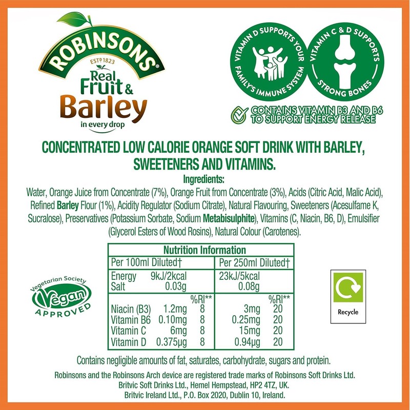 Robinsons Barley Water (Orange) 850ml (28.7 fl oz) - pack