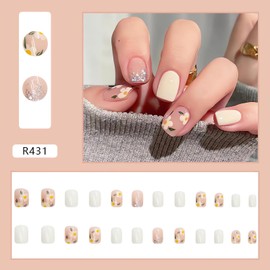 Flower Press on Nails Short Square Fake Nails Milk White Stick on Nails Full Cover Small Flowers False Nail Tips Acrylic Spring Glue on Nails Cute Floral Nail Art Decorations for Women 24Pcs