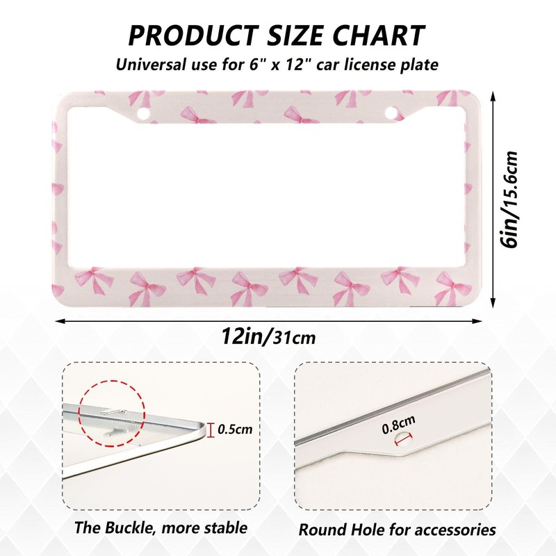 Coikll Pink Bow License Plate 2 Holes Frame Rustproof Aluminium
