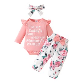 Edhomenn Baby Girls 3 Piece Fall Outfit Long Sleeve Romper and Floral Long Pants with Bow Headband (B-Pink, 6-9 Months)