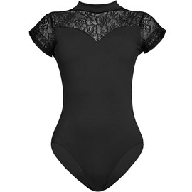 KorhLeoh Women's Turtleneck Short Sleeve Dance Ballet Leotard with Durable Lace Adult Gymnastic Dancewear, black