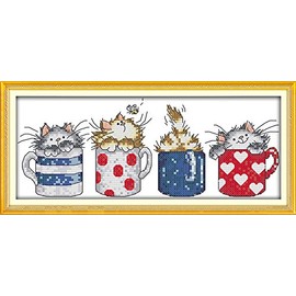 Stitchmelody Stamped Cross Stitch Kits,11CT Printed Pattern DMC Embroidery Set-4 Cats in The Cups 37cm×17cm