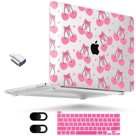 MEEgoodo for M2 MacBook Pro 13 inch Case 2022 2021 2020,Crystal Cover Fit Model A2338 M2/M1 A2251 A2289,Clear Case for 13.3-inch Laptop,Hard Shell for MacBook Pro M2, Pink Cherries & Bows