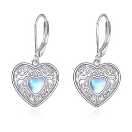 KZX Heart Filigree Earrings 925 Sterling Silver Filigree Dangle Drop Earrings Moonstone Heart Filigree Jewelry Jewelry for Women