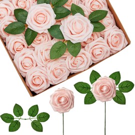 Dezicakes Peach Roses Artificial Flowers for Home Decor Indoor Set of 24 Large Bloom Foam Roses 5"
