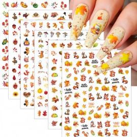 6Pcs Fall Nail Art Stickers 3D Autumn Leaves Nail Decals Self-Adhesive Maple Leaf Pumpkin Turkey Nail Decals Thanksgiving Nail Art Supplies Mushroom Nail Design for Women Girls DIY Manicure Decoration