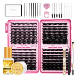 Flomitta Natural Cluster Eyelash Extensions Kit Eyelash Clusters with Lash Glue & Lash Applicator & Lash Remover & Eyelash Brushes 640pcs Wispy Lash Clusters Kit 10-16mm (40-80P, D curl)