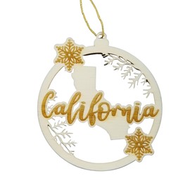 California Wood Ornament - CA State Shape with Snowflakes Cutout - Handmade Wood Ornament Made in USA Christmas Decor