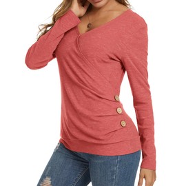 WEIYAN Women's Wrap Tops V Neck Tunic Long Sleeve Casual T-Shirts Blouse(Large,Red)