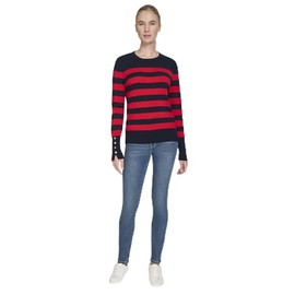 Nautica Women's Stripe Long Sleeve Crewneck Sweater, Night Sky/Regatta Red, Large