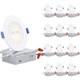 TORCHSTAR Basic Series 12-Pack 4 Inch Ultra-Thin LED Recessed Lighting with Junction Box, CRI90, Aluminum, 4000K Cool White, 5%-100% Dimmable Slim Recessed Downlight, 9W 810LM, ETL and Energy Star
