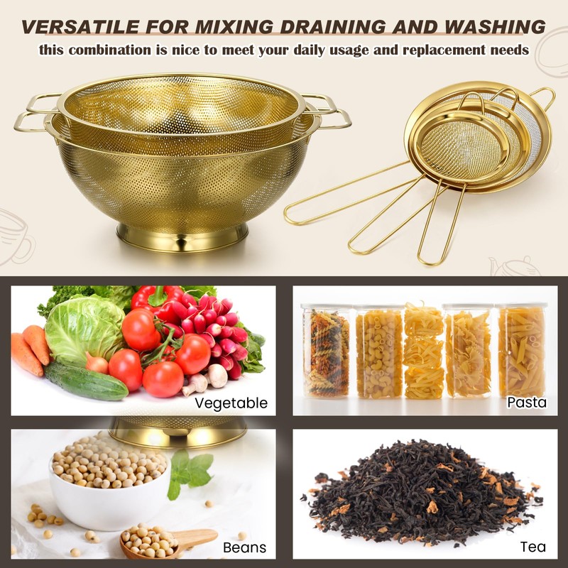 Baderke 5 Pcs Gold Strainers and Colanders Set Including 4/5