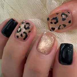 Fall Press on Nails Short Square Fake Nails with Leopard Cat Eye Designs Brown Full Cover Glossy Nails Press ons Acrylic Glue on Nails Cute Artificial Stick on Nails for Women 24Pcs