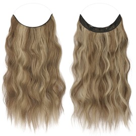 FESHFEN Invisible Wire Hair Extensions Adjustable Size Synthetic Hair Piece Long Wavy Secret Headband Hairpieces for Women, Caramel Brown Mixed Ash Blonde 16 inch