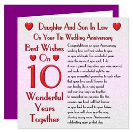 Daughter & Son In Law 10th Wedding Anniversary Card - On Your Tin Anniversary - 10 Years - Sentimental Verse
