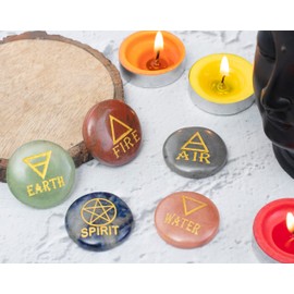 Crocon 5 Elements Assorted Stones Round Shape Engraving Triangle Symbols (Earth Air Fire Water Spirit) Polished Palm Stones for Gemstone Reiki Crystals Healing