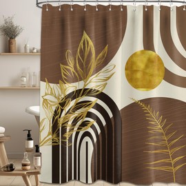 QGHOT Mid Century Modern Black and Brown Shower Curtain Boho Beige and Dark Tan Gold Shower Curtains for Mens Bathroom Decor Sets, Waterproof Cloth Fabric with Hooks, 70x78in