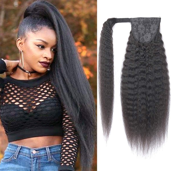 Feelgrace 18inch One Piece Ponytail Clip in Kinkys Straight Hair Extensions Natural Black Clip with Magic Paste Ponytail Remy Human Hair Extensions 130G/Set