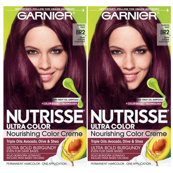 Garnier Nutrisse Ultra Color Nourishing Permanent Hair Color Cream, BR2 Dark Intense Burgundy (Pack of 2) Red Hair Dye