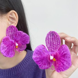 Boho 3D Flower Dangle Earrings for Women Exaggerated Large Butterfly Orchid Floral Statement Charms Drop Lightweight Elegant Dangling Wedding Birthday Beach Jewelry Gifts (Purple)