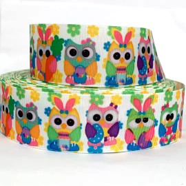 GROSGRAIN RIBBON 7/8" & 1.5" Easter Owls Bunny Eggs Printed (COMBINE SHIPPING) - 1 YARD, 1.5"