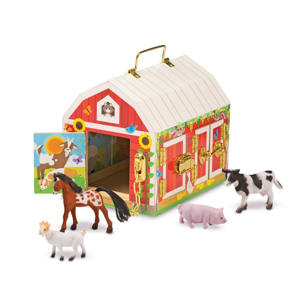 -Melissa &-Doug Latches Wooden Activity Barn with 6 Doors, 4 Play Figure Farm Animals, Multicolored, 10.25” x 9” x 7.5”