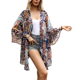 olrain Women's Floral Print Sheer Chiffon 3/4 Bat Sleeve Casual Loose Kimono Cardigan Capes (Small, Gold Peacock)