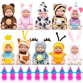 TESIN 10 Pcs Mini Baby Dolls,4 Inch Realistic Baby Toy Dolls,Tiny Reborn Baby with Animal Clothes Cute Lifelike Baby Doll Gifts Set with 10 Pcs Nursing Bottles for Kids Boys Girls Toddlers Xmas Gift