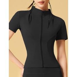 COWOKA Women's Workout Jacket Slim Fitness Casual Short Sleeve Sports coat Yoga Tops Black XL