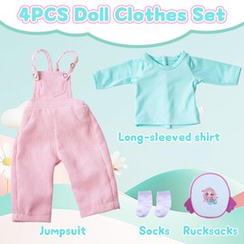 Pack of 4 Clothing Outfits for 14 16 17 Inch Baby Dolls Doll Clothes 36-43 cm Includes 1 Long Sleeve 1 Pair Cord Dungarees 1 Pair Socks 1 Mermaid Backpack Birthday Gift for Children