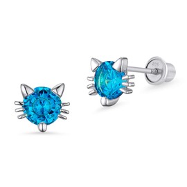 925 Sterling Silver Rhodium Plated Baby Blue Cat Cubic Zirconia Screwback Baby Girls Earrings